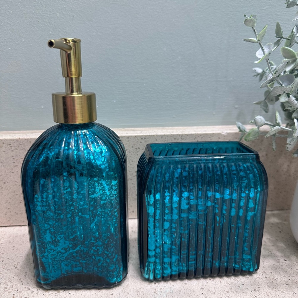 NEW Teal Glass Soap Dispenser, Toothbrush Holder with Gold Accents from Target